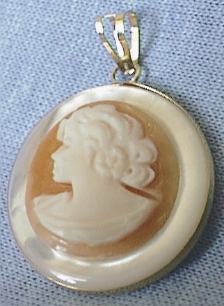 Shell Cameo on Mother of Pearl. Closeup