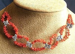 Silver and Red Coral Chips Choker