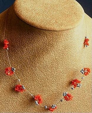 Silver and Red Coral Chips Necklace